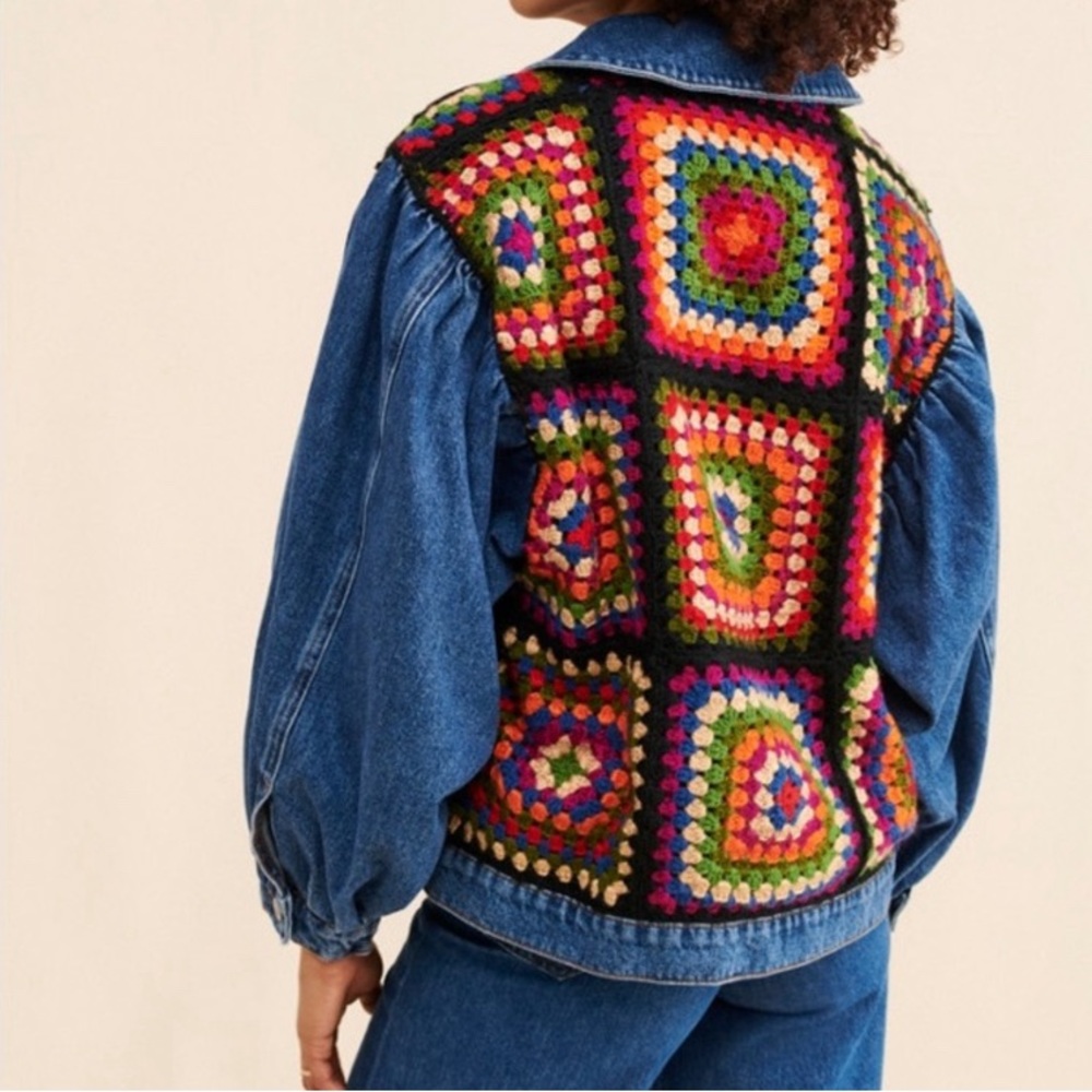 NWT Farm Rio Oversized Granny Square Crochet Denim Jacket - Picture 4 of 7